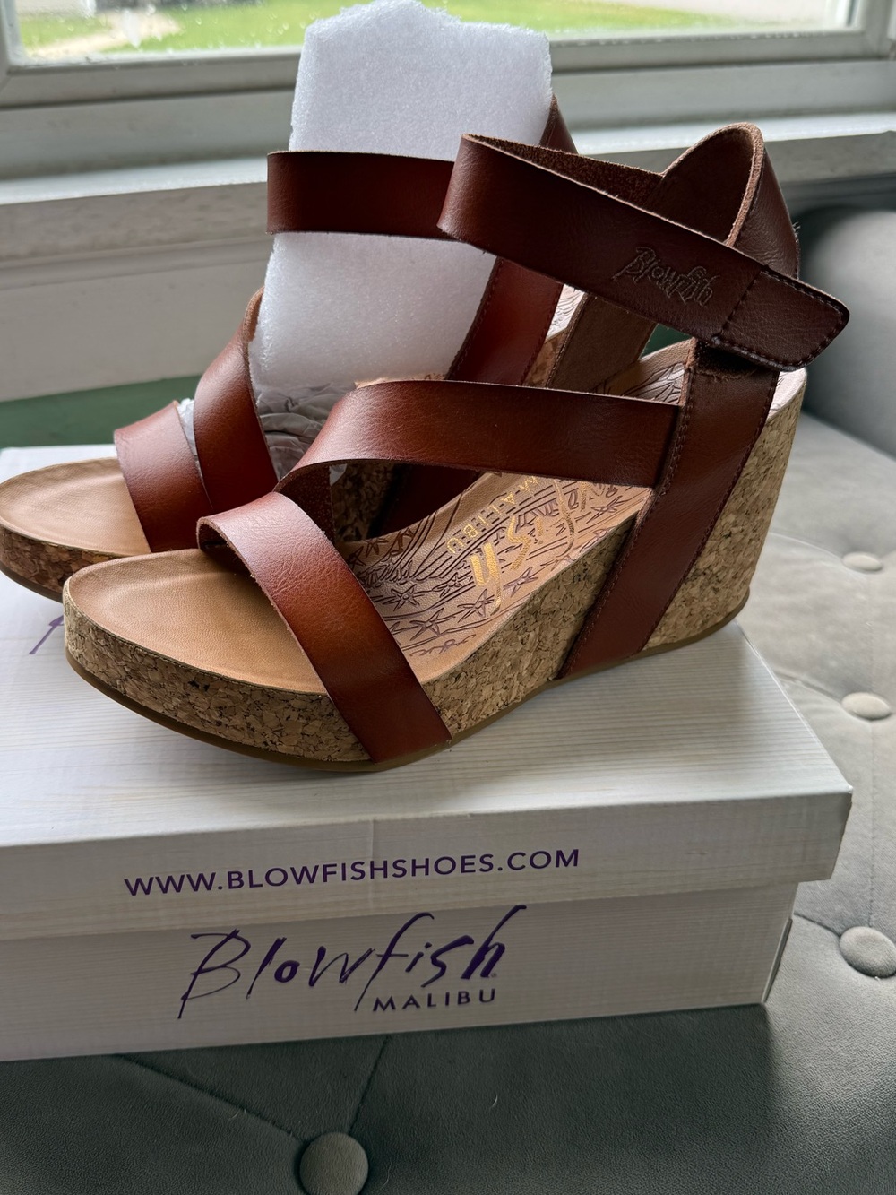 Blowfish Tan Leather Cork Wedge Sandals